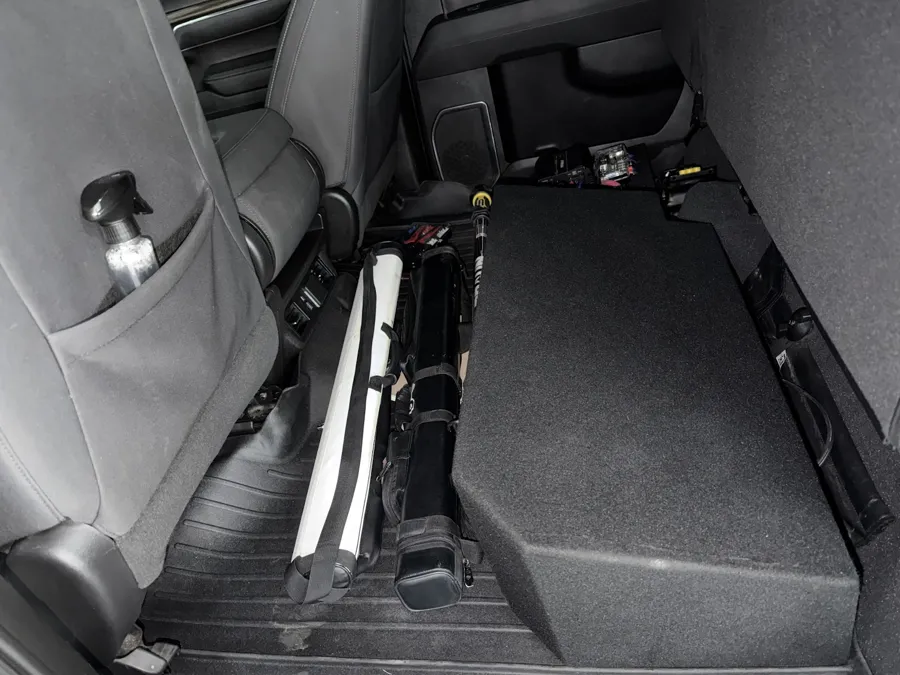 Under-seat subwoofer enclosure installed in a truck in DeBary, FL